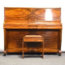 Art Deco style walnut upright piano, by Chappell, and a matching stool