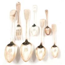 Set of six Victorian silver Fiddle pattern tablespoons, and other silver flatware