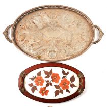 Silver plated tray and a tray set with pressed flowers,