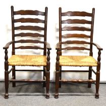 Pair of Haselbech Oak ladderback elbow chairs,
