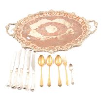Large silver plated copper tray, and some loose flatware