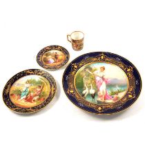 Pair of Royal Vienna decorative trios, and a hand-painted cabinet plate