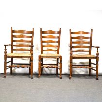 Set of four Haselbech Oak ladderback dining chairs, including two armchairs