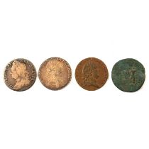 George II and George III shillings, George III gaming token, and a possible Roman coin.