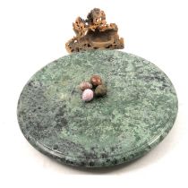 Collection of miniature hardstone eggs, marble lazy-susan, enamelled dish, etc