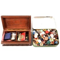 Three carved wooden boxes, small quantity of coinage, and buttons