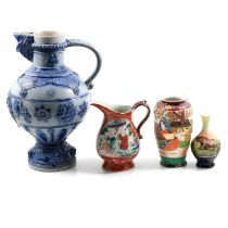 German stoneware jug, two Japanese vases and a jug.
