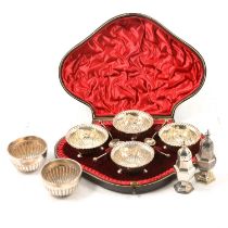 Set of four silver salts, pair of salts and a pair of pepperettes,