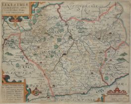 William Kip after Christopher Saxton, Lecestriae Comitatus Sive, hand coloured County map, 39x37cm.