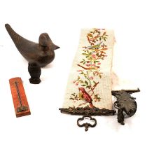 Needlework bell pull, turned and carved wooden model of a duck, etc.