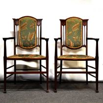 Pair of English Art Nouveau inlaid mahogany elbow chairs,