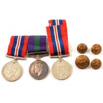 Medals: WW2 and General Service Medals, officers' pips, buttons and other military accessories.