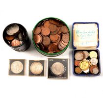 Collection of George IV and later British and global coins and banknotes, some silver content.