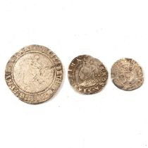 Elizabeth I sixpence, half-groat (twopence) and probably 15th century hammered half-penny.
