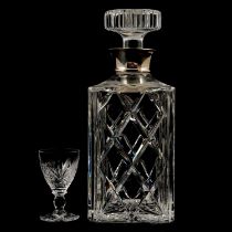 Cut glass decanter, silver mounted and a liqueur glass,