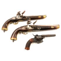 Two 19th century flintlock pistols, and a Belgian pinfire revolver