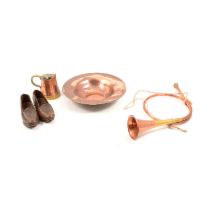 Hugh Wallis copper bowl, other copper ware, and a pair of Lancashire children's shoes