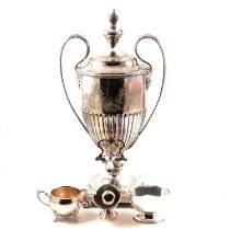 A Walker & Hall silver plated tea urn, plated milk and sugar, etc, silver spoon and pusher set.