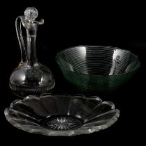Faceted glass bowl and stand, a decanter, bowl, and ceramic dish