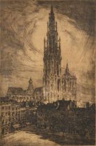 Etching of the Cathedral of Antwerp, and other watercolours, prints, and needlework