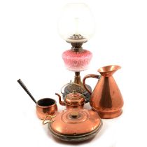 Two Victorian oil lamps, and an assortment of copper and brass