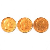 Three Gold Half Sovereign Coins, Edward VII 1903, 1905 and 1909.