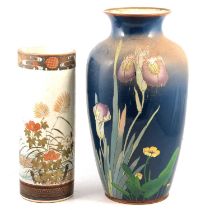 Large modern cloisonne vase with Irises, a tall cylindrical vase, and a Satsuma vase