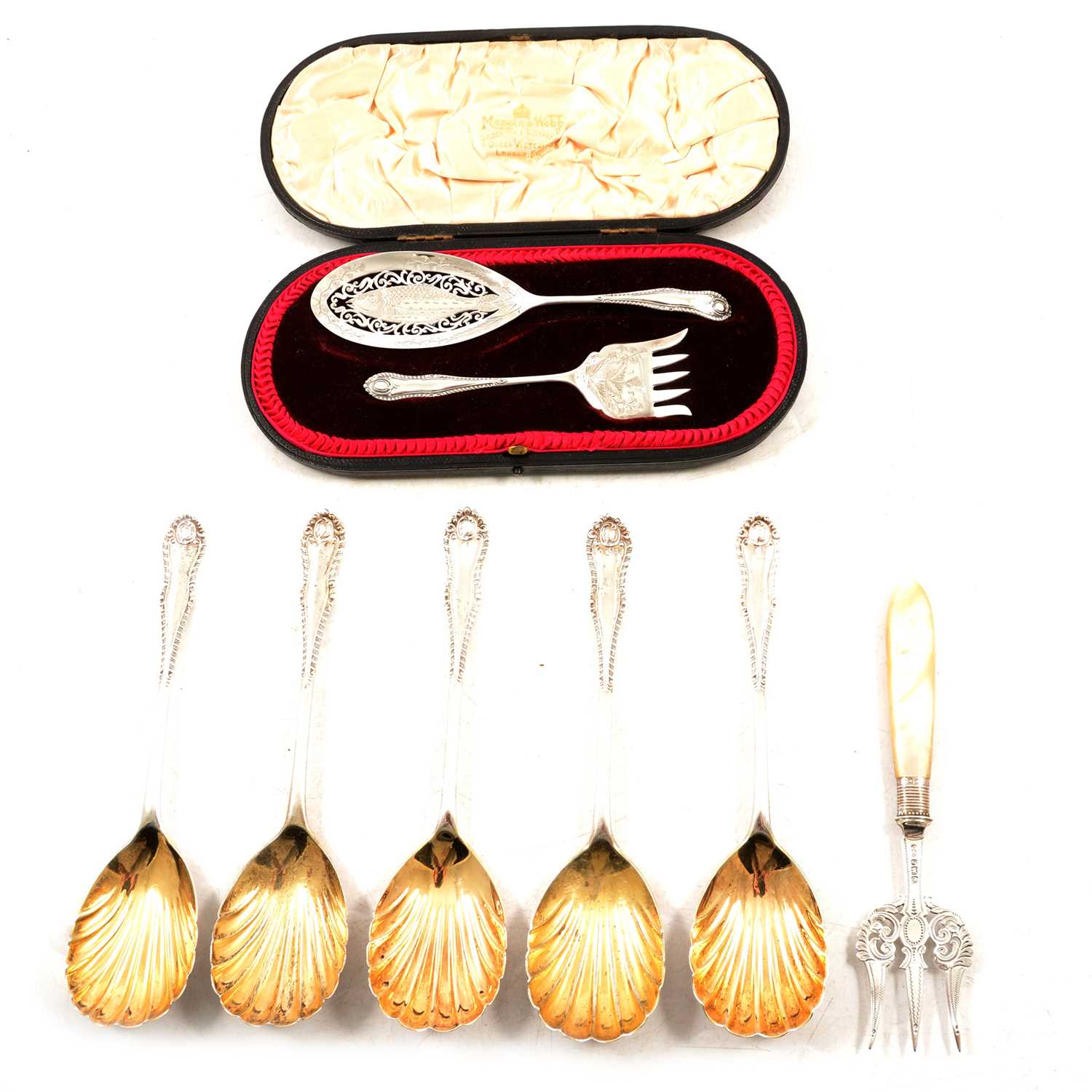 Pair of silver sardine / char servers, Mappin & Webb Ltd, Sheffield 1906, and other flatware.