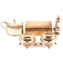 Quantity of silver cruets, salts, cigarette box, etc