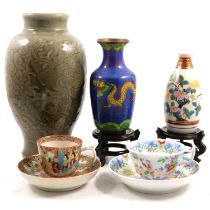 Small quantity of Asian ceramics, cloisonne vase, and stands