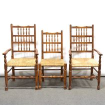 Set of four Haselbech oak spindle back dining chairs, and a similar smaller chair,