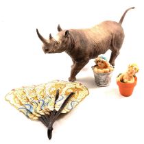 Coalport painted rhinoceros model, Wade Whimsies, and other small decorative items