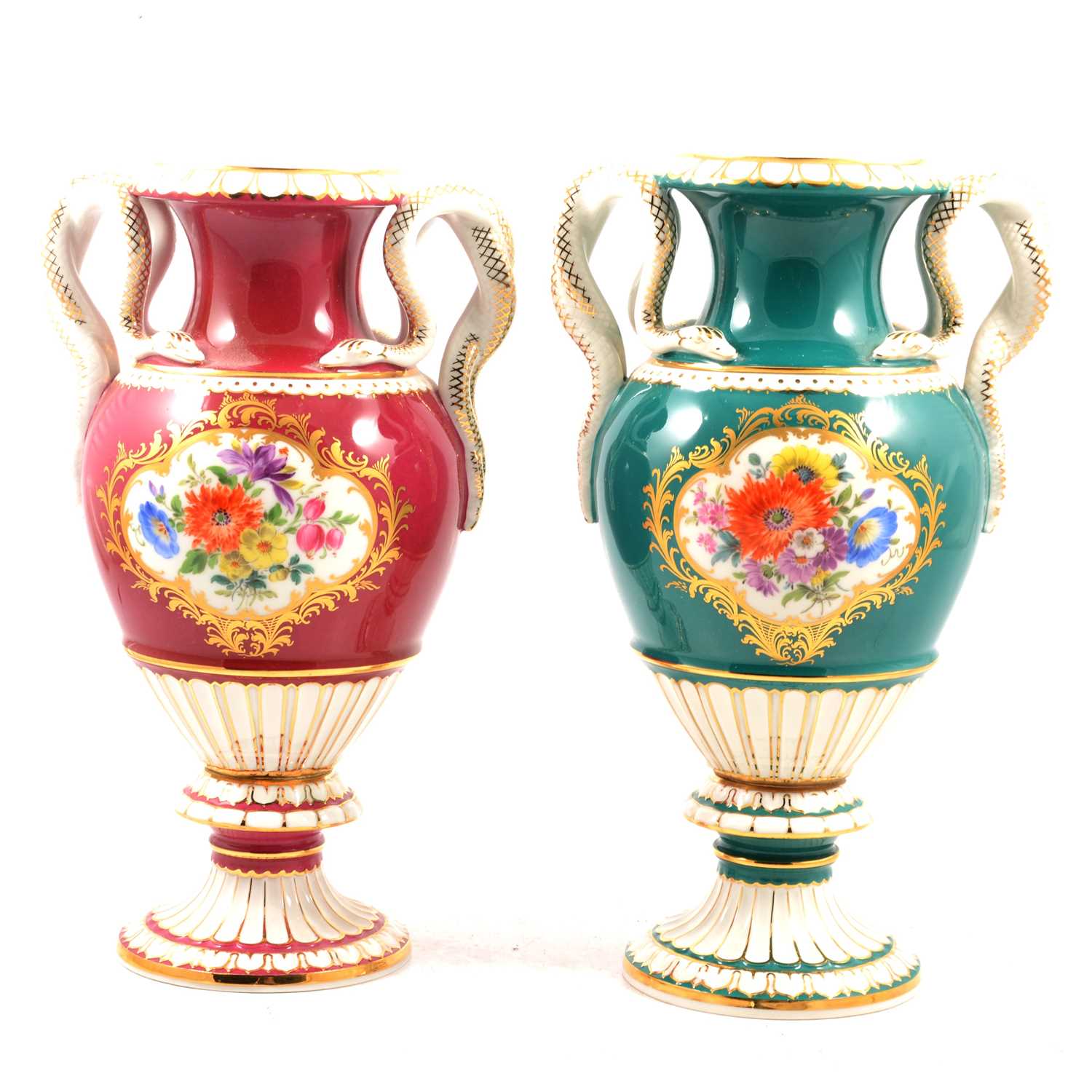 Two similar Meissen snake-handled vases