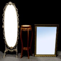 Overmantel mirror; cheval mirror; and plant stand,