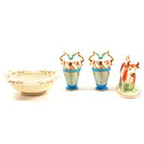 Pair of Mintons Art Nouveau twin-handled vases, Belleek woven basket and Staffordshire cow creamer.