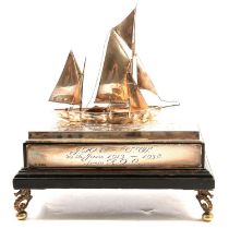 A silver model of a schooner mounted on a presentation stand, Charles Boyton & Son Ltd