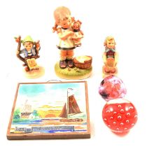 One box of Caithness and other paperweights, Goebel figurines, Swedish pin dishes and Dutch tiles.