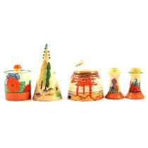 Clarice Cliff, a collection of preserves, cruets and a sugar sifter