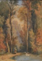 Attributed to David Cox, Woodland clearing with castle in background