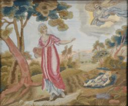 Georgian needlework panel, Biblical scene of a Woman being visited by an Angel