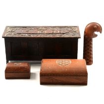 Miniature carved oak coffer, dated 1900, and other treen.