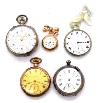 A 9 carat yellow gold fob watch and brooch, and four silver and other metal pocket watches.