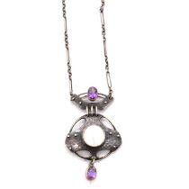 Murrle Bennett & Co - an Arts & Crafts amethyst and mother-of-pearl white metal pendant necklace.