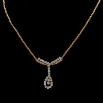 A diamond necklace with central pendant drop.