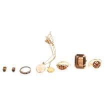 Two garnet rings in vintage boxes, smoky quartz ring, pendants, earstuds.