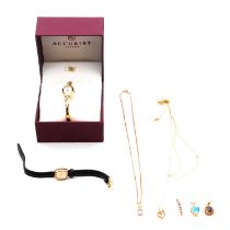 Gemset pendants and chains, lady's 9 carat gold Accurist wristwatch, gold-plated watch