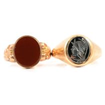 Two gemset gold signet rings.