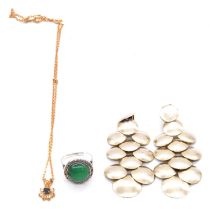 A green chalcedony and marcasite ring, drop earrings, plated pendant and chain.