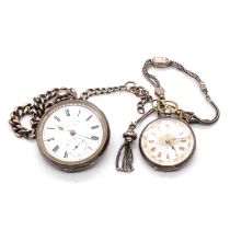 A white metal open face pocket watch, a white metal fob watch, Albert and Albertine watch chains.
