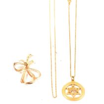 A Star of David gold pendant, bow brooch and 9 carat gold chain.